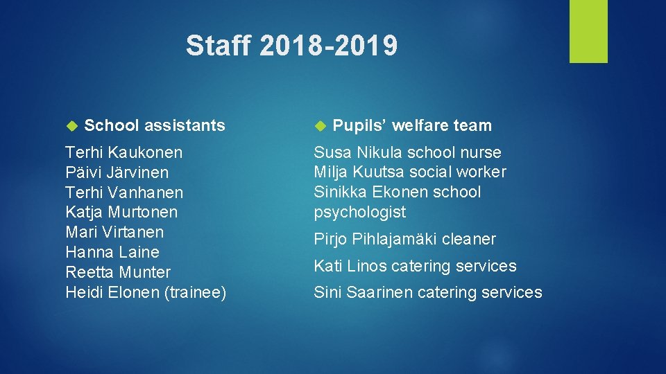 Staff 2018 -2019 School assistants Terhi Kaukonen Päivi Järvinen Terhi Vanhanen Katja Murtonen Mari