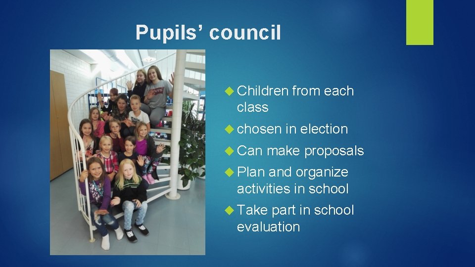 Pupils’ council Children from each class chosen Can in election make proposals Plan and