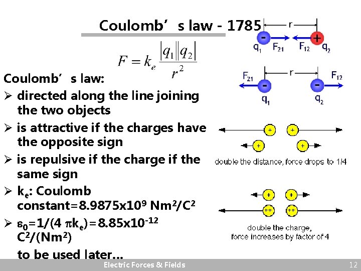 Coulomb’s law - 1785 Coulomb’s law: Ø directed along the line joining the two