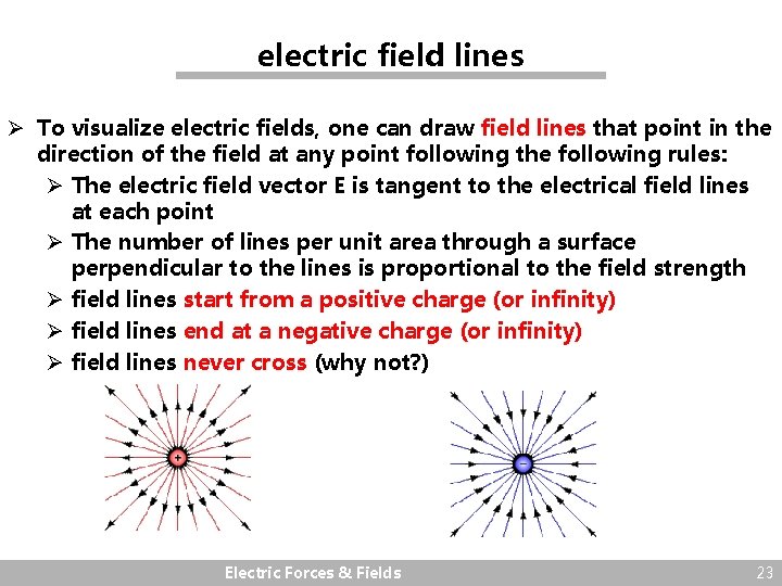 electric field lines Ø To visualize electric fields, one can draw field lines that