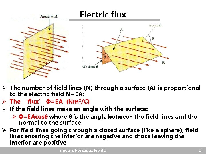 Electric flux Ø The number of field lines (N) through a surface (A) is