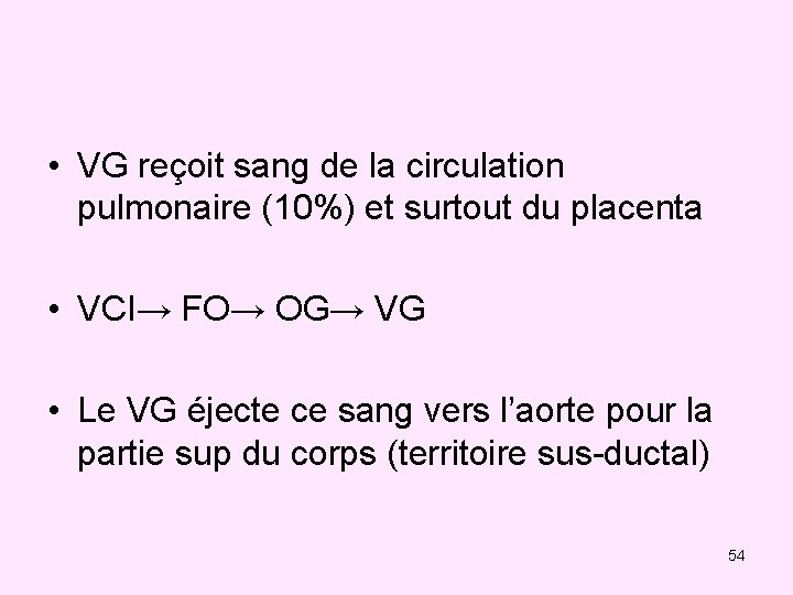  • VG reçoit sang de la circulation pulmonaire (10%) et surtout du placenta