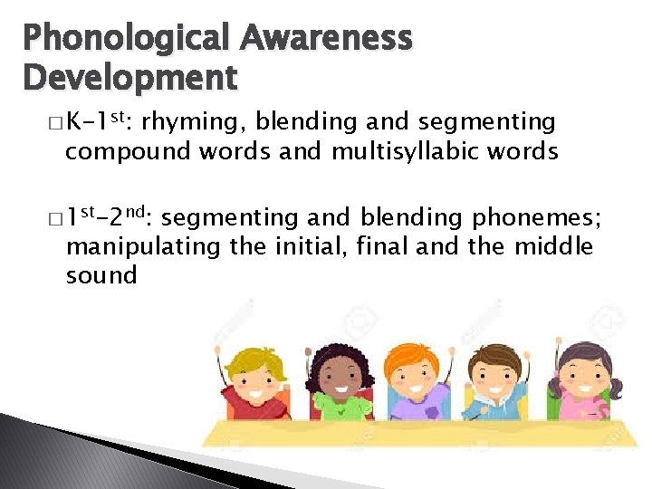 Phonological Awareness Development � K-1 st: rhyming, blending and segmenting compound words and multisyllabic