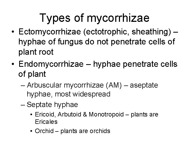 Types of mycorrhizae • Ectomycorrhizae (ectotrophic, sheathing) – hyphae of fungus do not penetrate