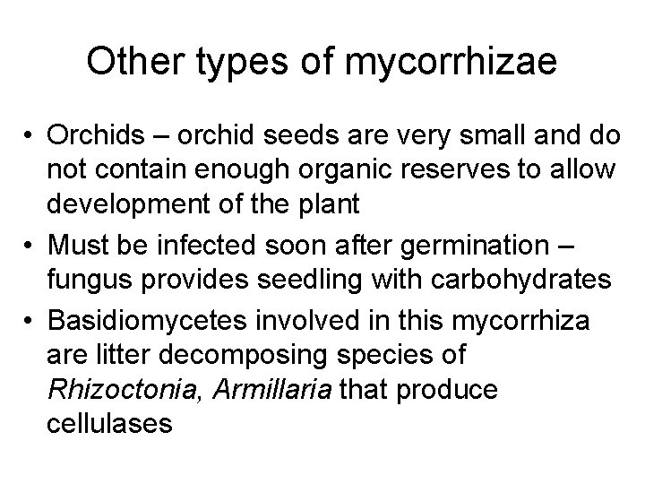 Other types of mycorrhizae • Orchids – orchid seeds are very small and do