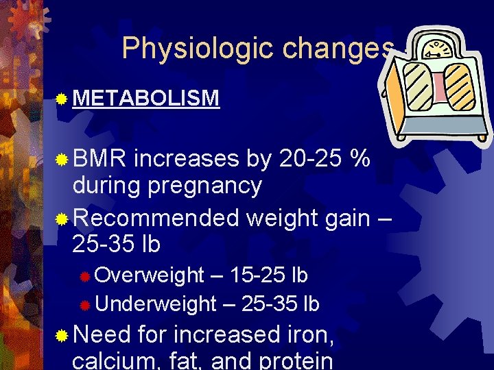 Physiologic changes ® METABOLISM ® BMR increases by 20 -25 % during pregnancy ®