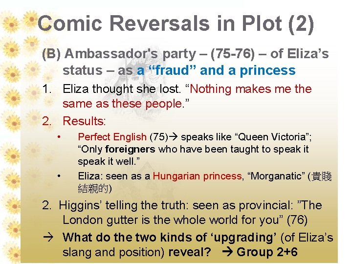 Comic Reversals in Plot (2) (B) Ambassador's party – (75 -76) – of Eliza’s