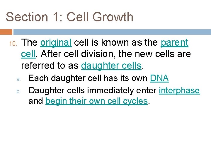 Section 1: Cell Growth 10. The original cell is known as the parent cell.