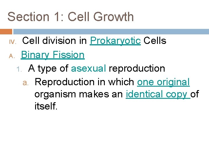 Section 1: Cell Growth Cell division in Prokaryotic Cells A. Binary Fission 1. A