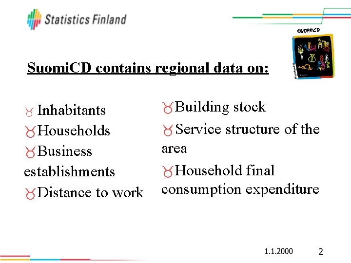 Suomi. CD contains regional data on: Inhabitants _Households _Business establishments _Distance to work _