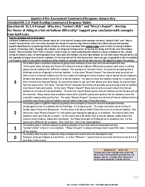 Quarter 4 Pre-Assessment Constructed Response Answer Key Standard RL. 5. 9 Point Reading Constructed