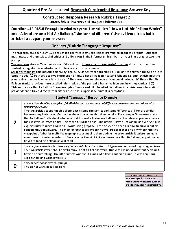 Quarter 4 Pre-Assessment Research Constructed Response Answer Key Constructed Response Research Rubrics Target 2