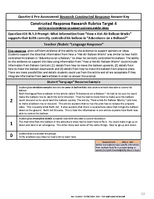 Quarter 4 Pre-Assessment Research Constructed Response Answer Key Constructed Response Research Rubrics Target 4