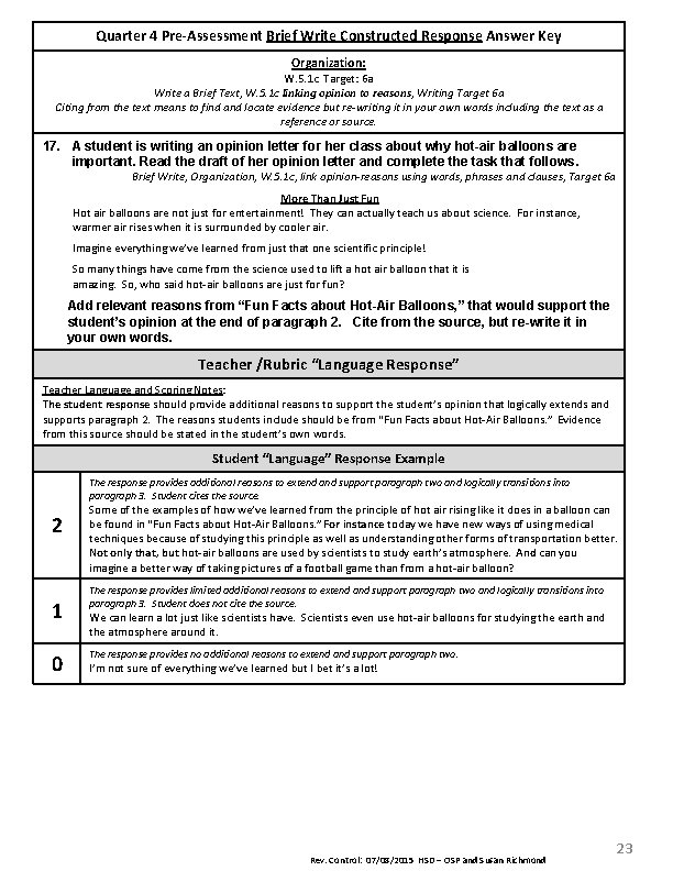 Quarter 4 Pre-Assessment Brief Write Constructed Response Answer Key Organization: W. 5. 1 c