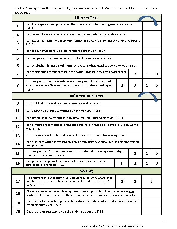 Student Scoring Color the box green if your answer was correct. Color the box