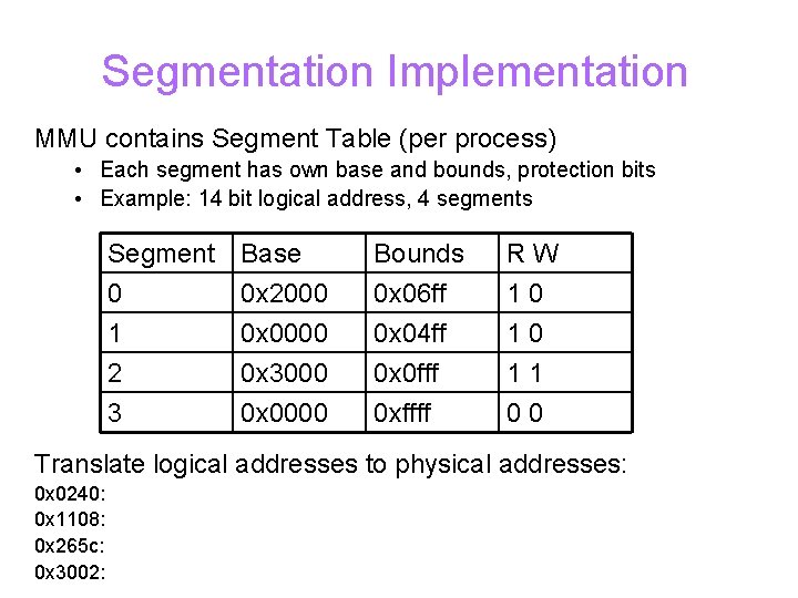 Segmentation Implementation MMU contains Segment Table (per process) • Each segment has own base