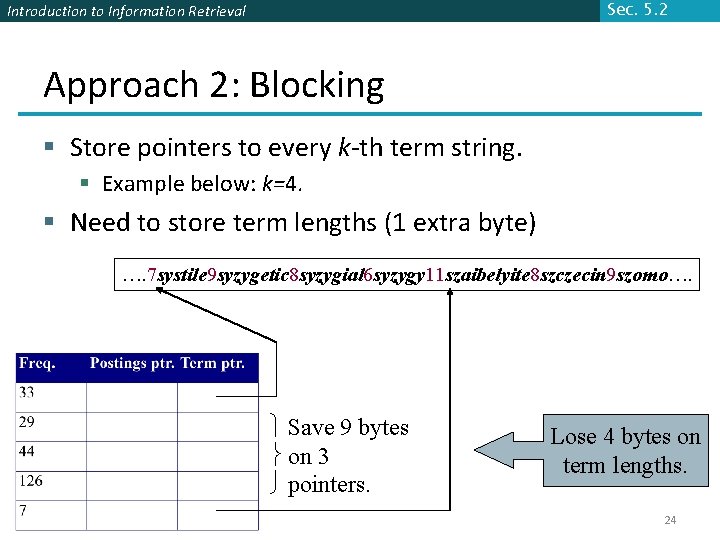 Sec. 5. 2 Introduction to Information Retrieval Approach 2: Blocking § Store pointers to