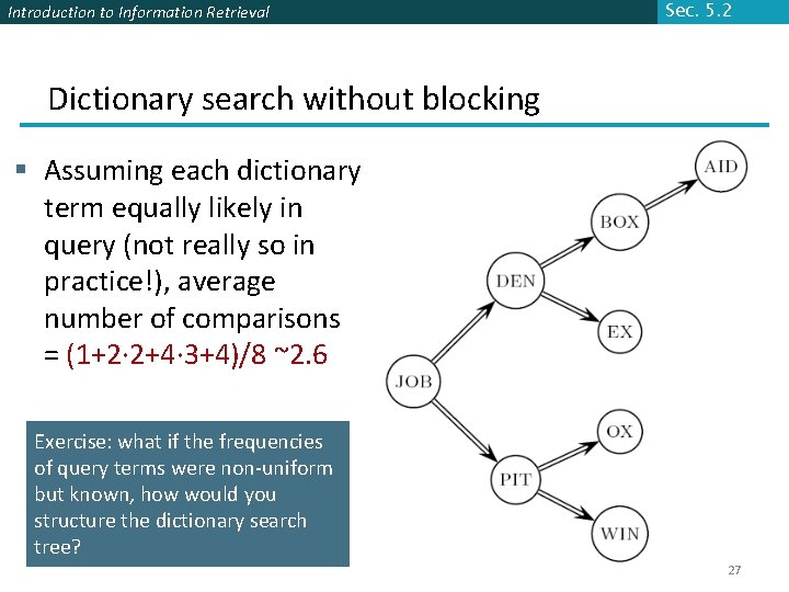 Introduction to Information Retrieval Sec. 5. 2 Dictionary search without blocking § Assuming each