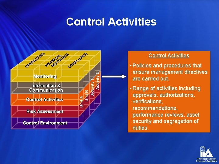 Control Activities • Policies and procedures that ensure management directives are carried out. •