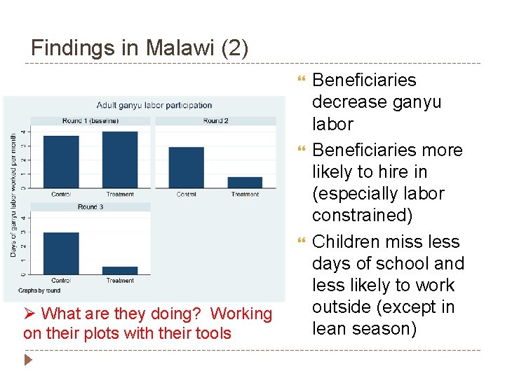 Findings in Malawi (2) Ø What are they doing? Working on their plots with