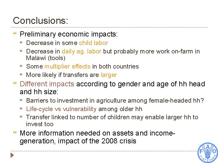 Conclusions: Preliminary economic impacts: Different impacts according to gender and age of hh head