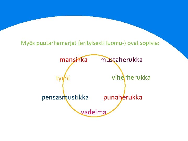 Myös puutarhamarjat (erityisesti luomu-) ovat sopivia: mansikka mustaherukka viherherukka tyrni pensasmustikka punaherukka vadelma 