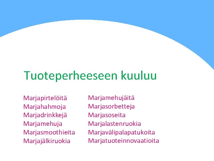 Tuoteperheeseen kuuluu Marjapirtelöitä Marjahahmoja Marjadrinkkejä Marjamehuja Marjasmoothieita Marjajälkiruokia Marjamehujäitä Marjasorbetteja Marjasoseita Marjalastenruokia Marjavälipalapatukoita Marjatuoteinnovaatioita