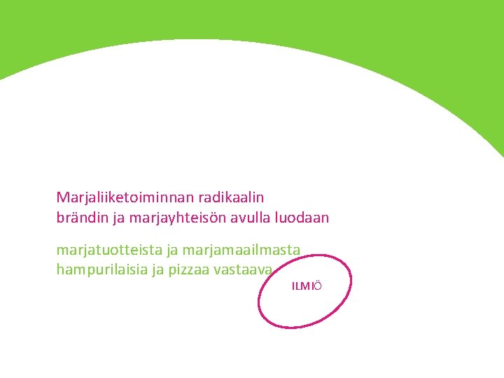 Marjaliiketoiminnan radikaalin brändin ja marjayhteisön avulla luodaan marjatuotteista ja marjamaailmasta hampurilaisia ja pizzaa vastaava