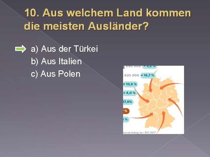 10. Aus welchem Land kommen die meisten Ausländer? a) Aus der Türkei b) Aus