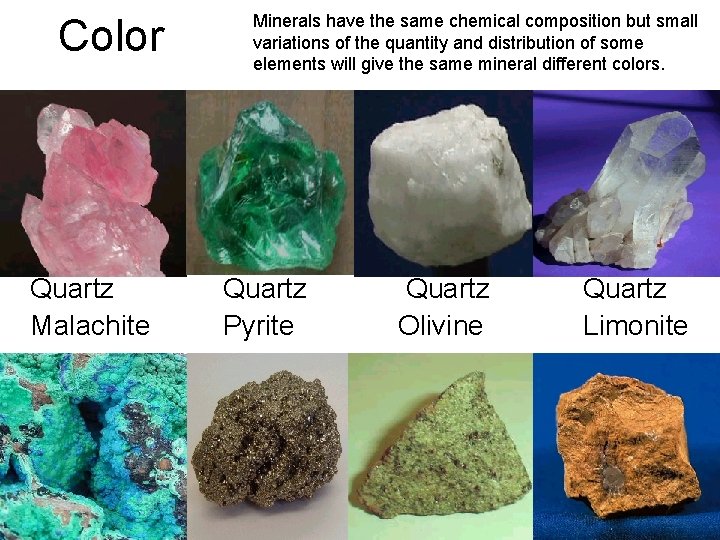 Color Quartz Malachite Minerals have the same chemical composition but small variations of the