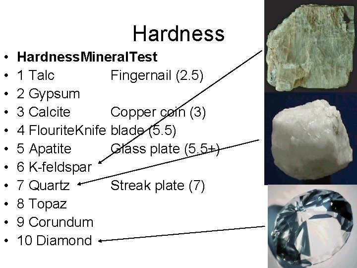 Hardness • • • Hardness. Mineral. Test 1 Talc Fingernail (2. 5) 2 Gypsum