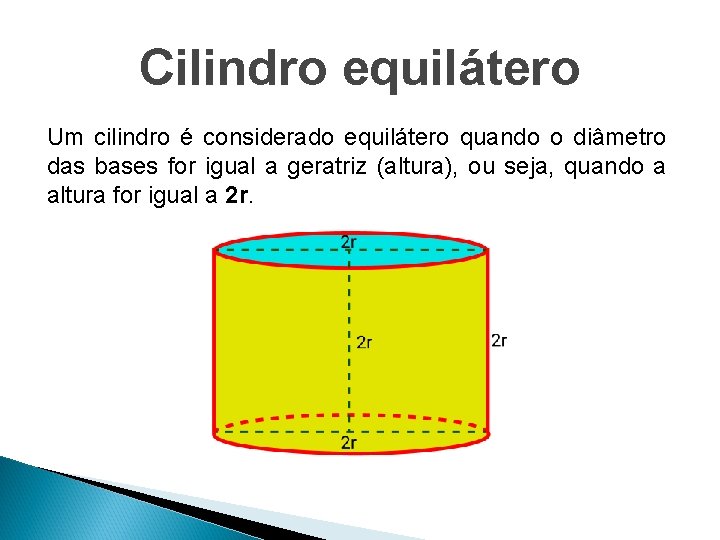 Cilindro equilátero Um cilindro é considerado equilátero quando o diâmetro das bases for igual Cilindro equilátero Um cilindro é considerado equilátero quando o diâmetro das bases for igual