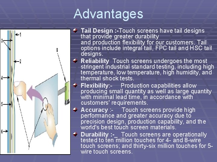 Advantages Tail Design : -Touch screens have tail designs that provide greater durability and