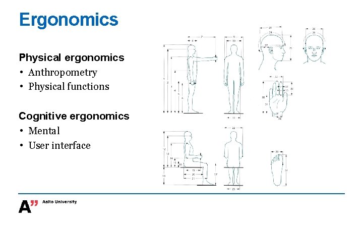 Ergonomics Physical ergonomics • Anthropometry • Physical functions Cognitive ergonomics • Mental • User