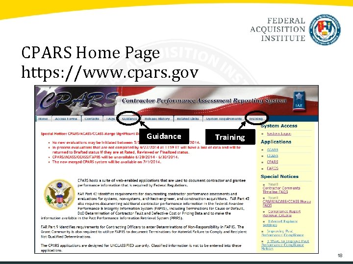 CPARS Home Page https: //www. cpars. gov Guidance Training 18 CPARS Home Page https: //www. cpars. gov Guidance Training 18