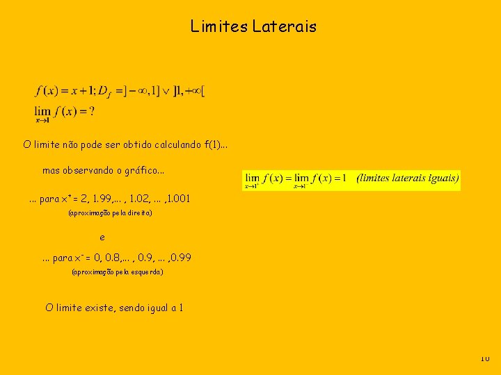Limites Laterais O limite não pode ser obtido calculando f(1). . . mas observando