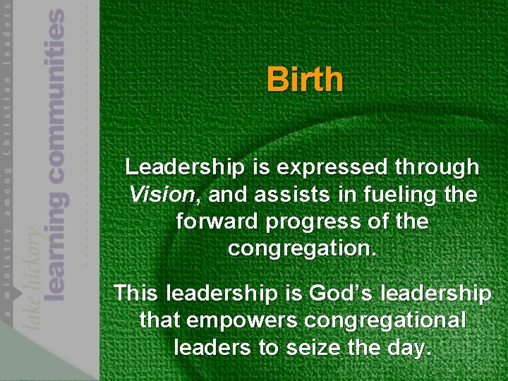 Birth Leadership is expressed through Vision, and assists in fueling the forward progress of