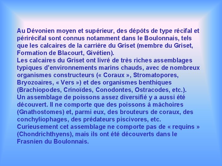 Au Dévonien moyen et supérieur, des dépôts de type récifal et périrécifal sont connus