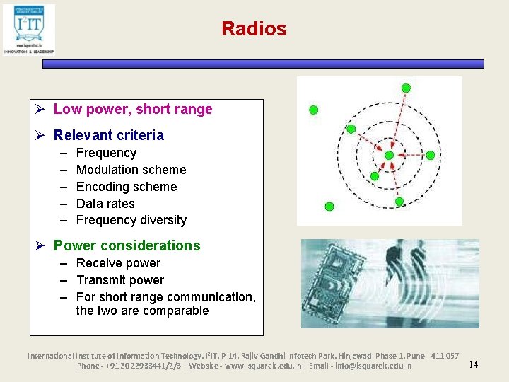 Radios Ø Low power, short range Ø Relevant criteria – – – Frequency Modulation