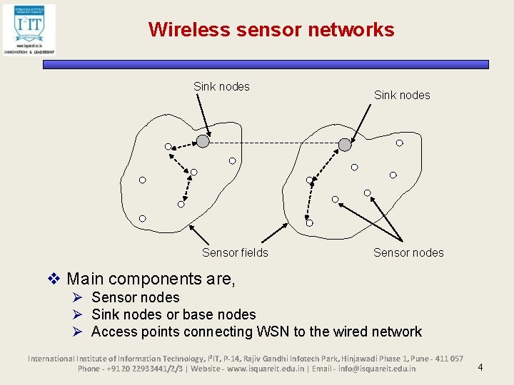 Wireless sensor networks Sink nodes Sensor fields Sink nodes Sensor nodes v Main components