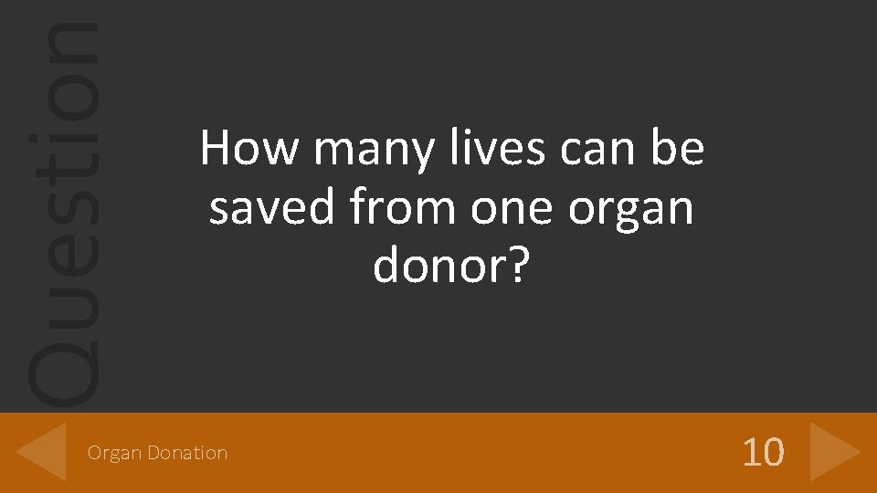 Question How many lives can be saved from one organ donor? Organ Donation 10