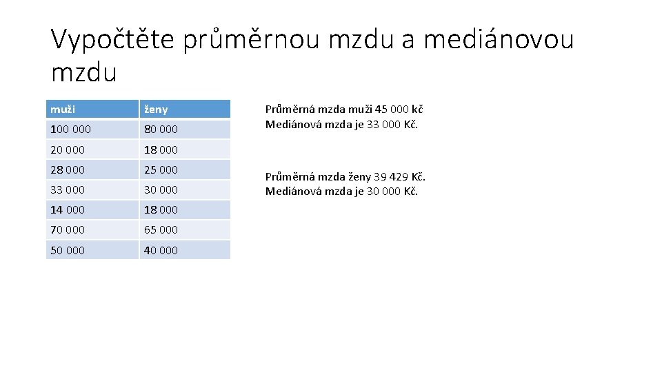 Vypočtěte průměrnou mzdu a mediánovou mzdu muži ženy 100 000 80 000 20 000