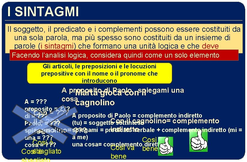 I SINTAGMI Il soggetto, il predicato e i complementi possono essere costituiti da una