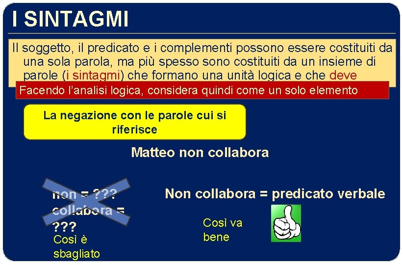 I SINTAGMI Il soggetto, il predicato e i complementi possono essere costituiti da una