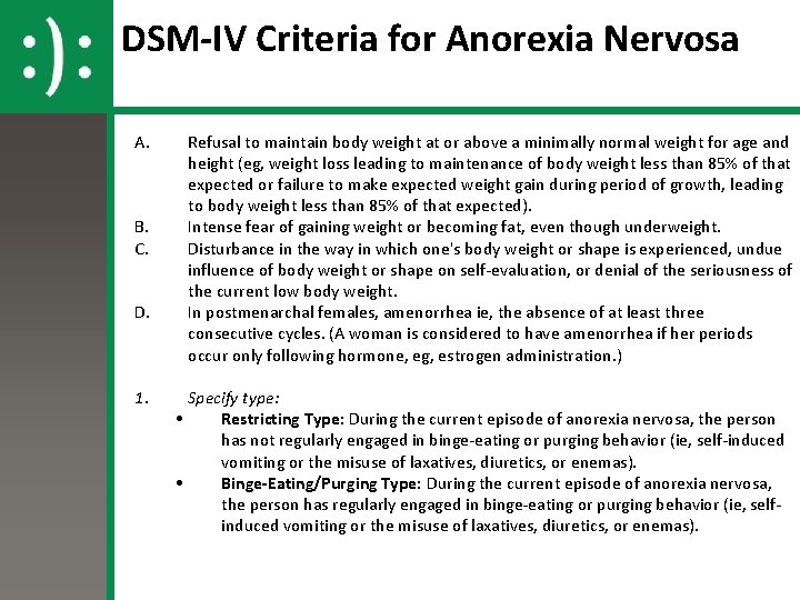 DSM-IV Criteria for Anorexia Nervosa A. B. C. D. 1. Refusal to maintain body