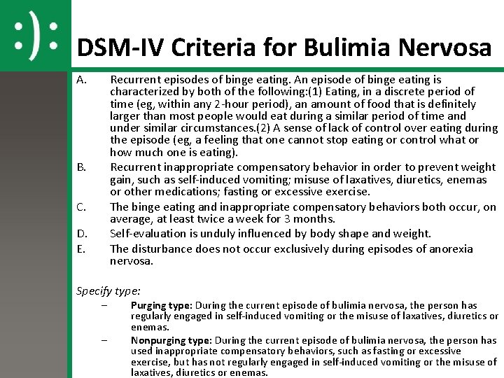 DSM-IV Criteria for Bulimia Nervosa A. Recurrent episodes of binge eating. An episode of