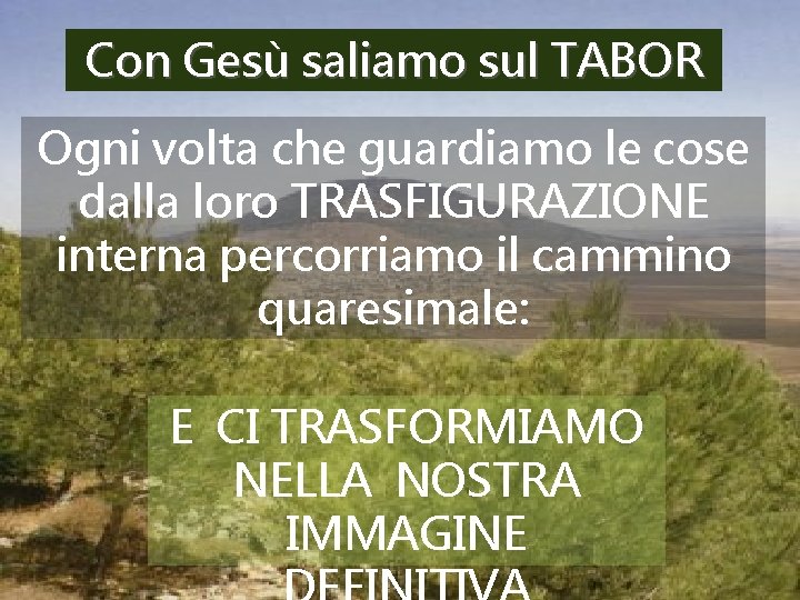 Con Gesù saliamo sul TABOR Ogni volta che guardiamo le cose dalla loro TRASFIGURAZIONE