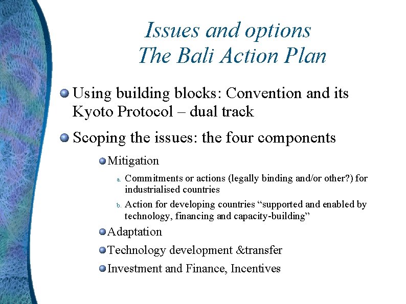 Issues and options The Bali Action Plan Using building blocks: Convention and its Kyoto