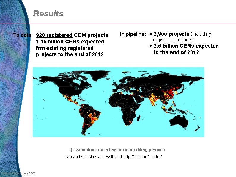 Results To date: 920 registered CDM projects 1. 16 billion CERs expected frm existing