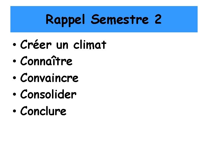 Rappel Semestre 2 • • • Créer un climat Connaître Convaincre Consolider Conclure 